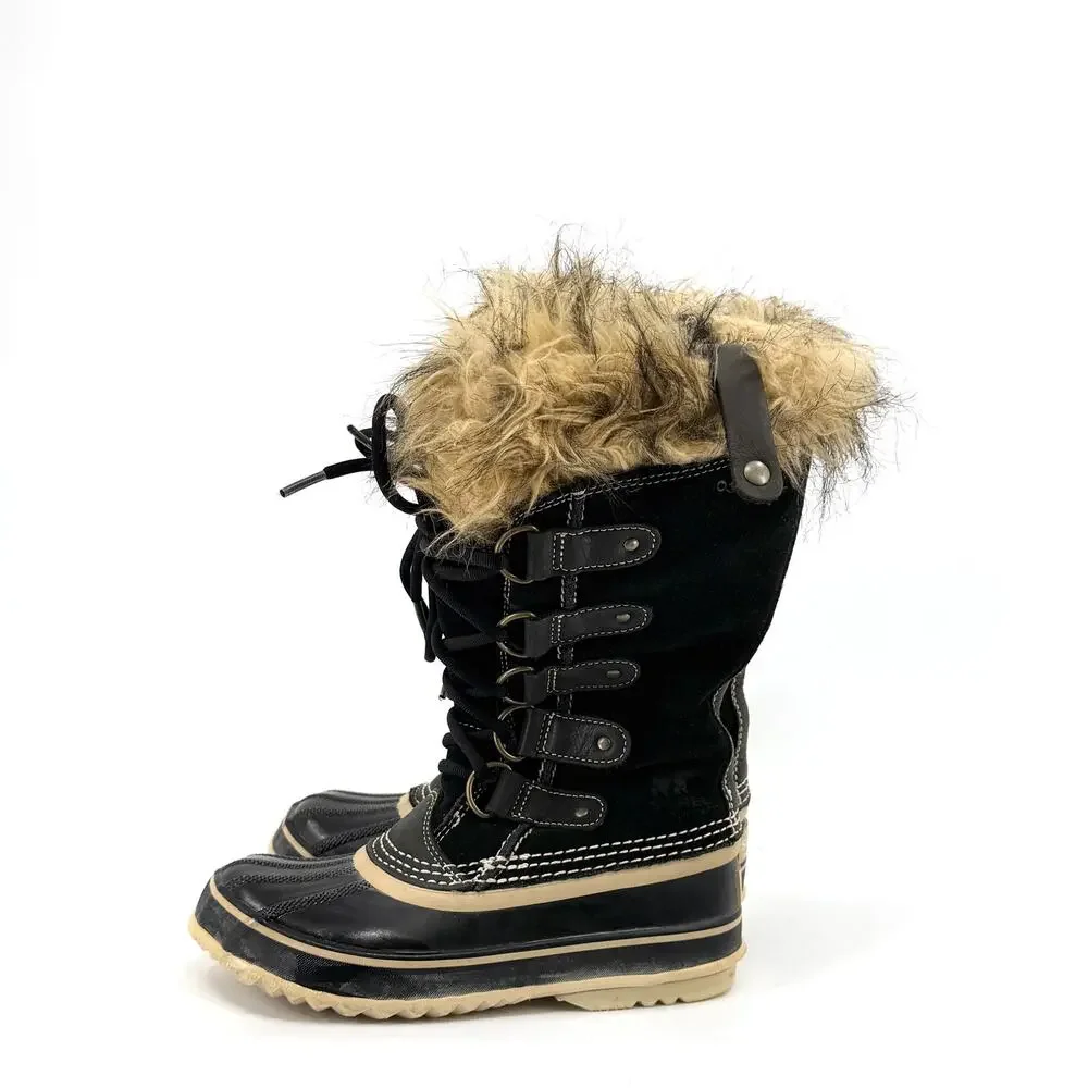 Sorel Black Genuine Leather Faux Fur Waterproof Snow Boots